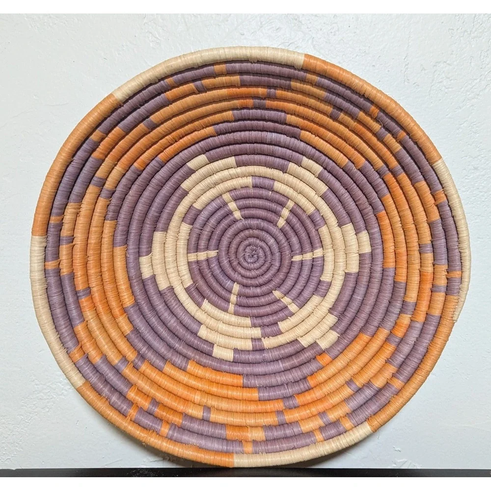 African Handwoven Grass Basket Purple and Orange 11.5